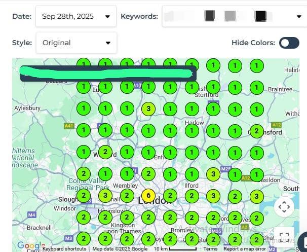 Local rank grid showing map pack coverage across Greater London for an HVAC company