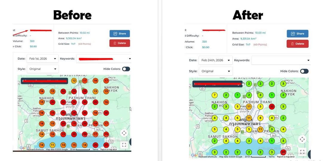 Before and after local rank grid for a roofing contractor over 23 days